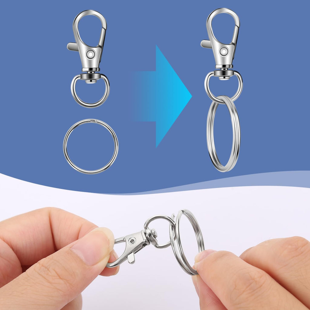 Metal lobster claw clasp and key rings shown separately and assembled, with hands demonstrating assembly.
