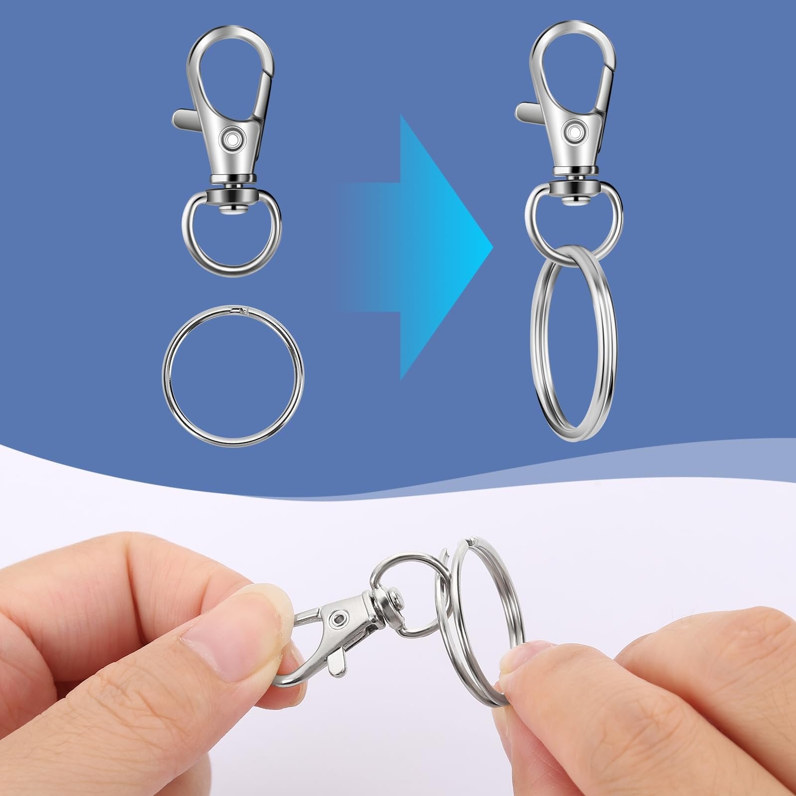 Metal lobster claw clasp and key rings shown separately and assembled, with hands demonstrating assembly.