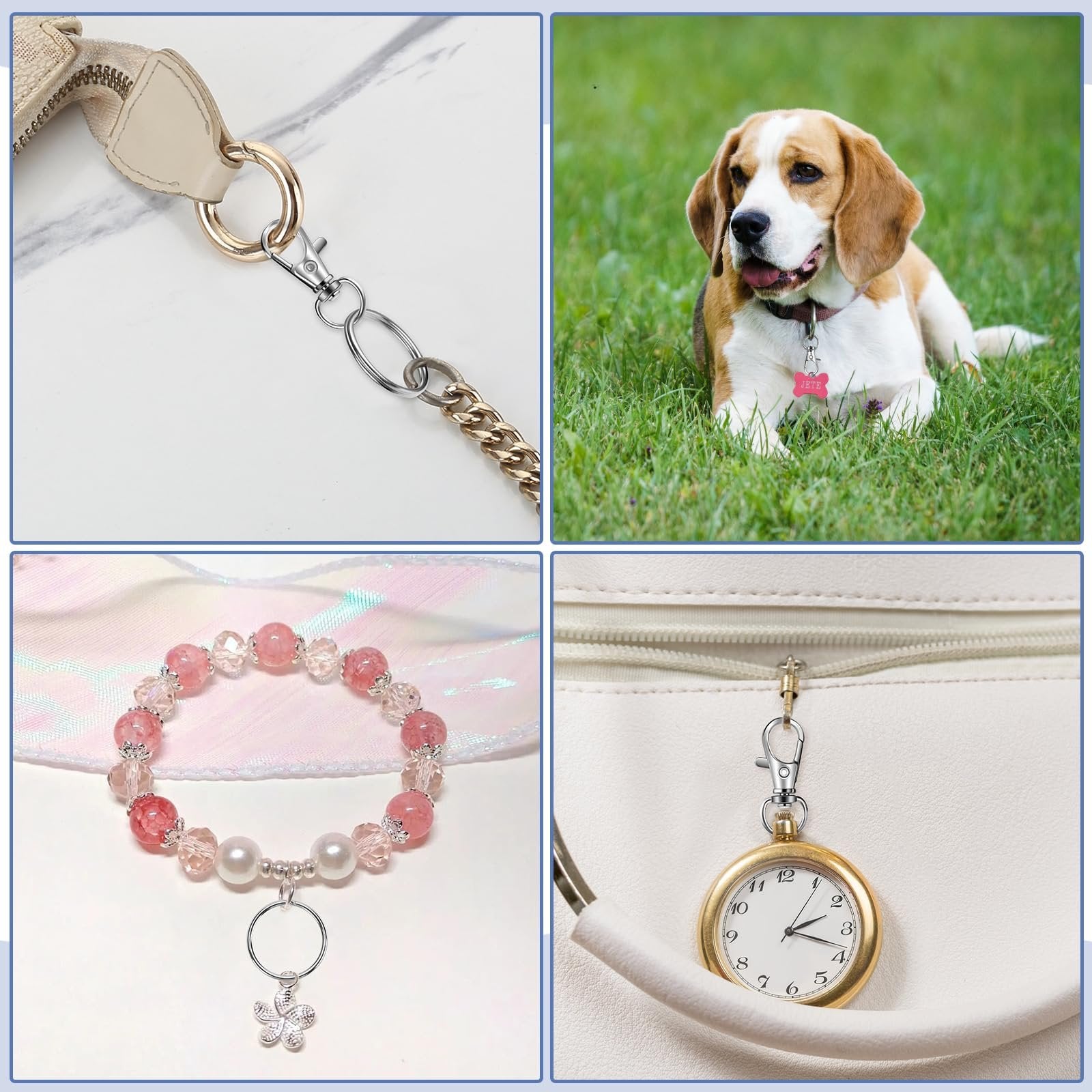 Collage of four images showing metal clasps, a beagle with a tag, a beaded bracelet, and a pocket watch attached to a bag.