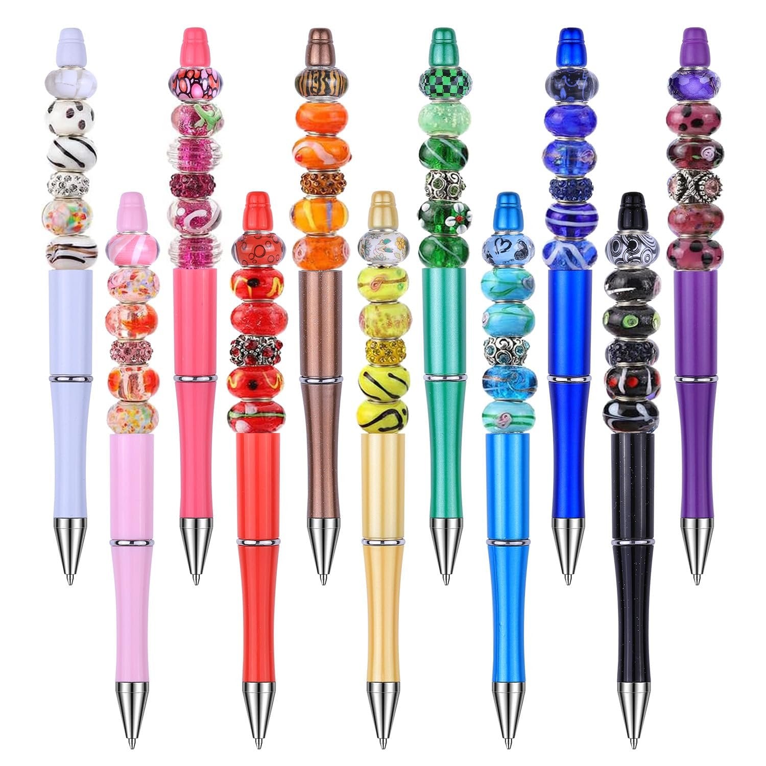 Collection of decorative Murano-style glass bead pens in various colors, displayed upright against a white background.