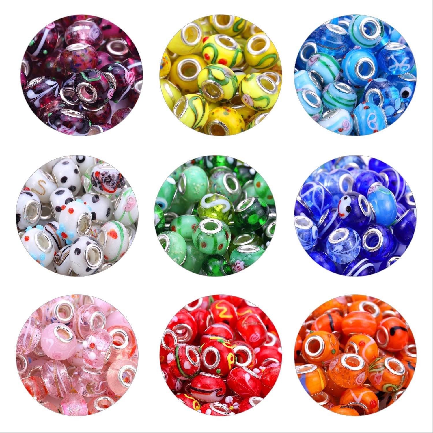 Nine circular displays of assorted Murano style glass beads in various colors and patterns, each with a large hole and brass core.