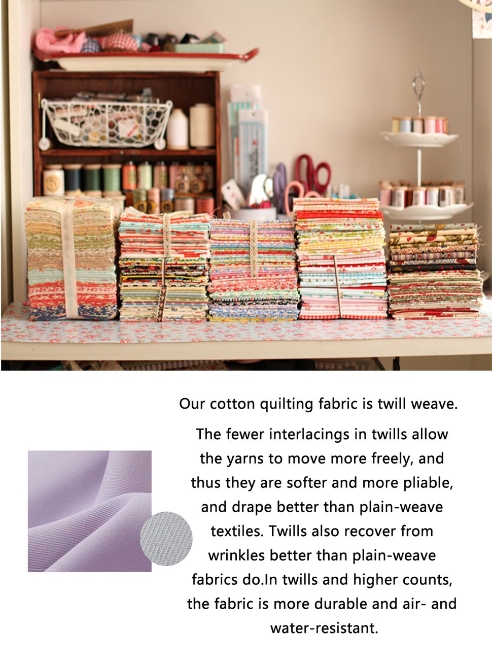 Stacks of pre-cut assorted pattern cotton fabric squares on a table with sewing supplies in the background.