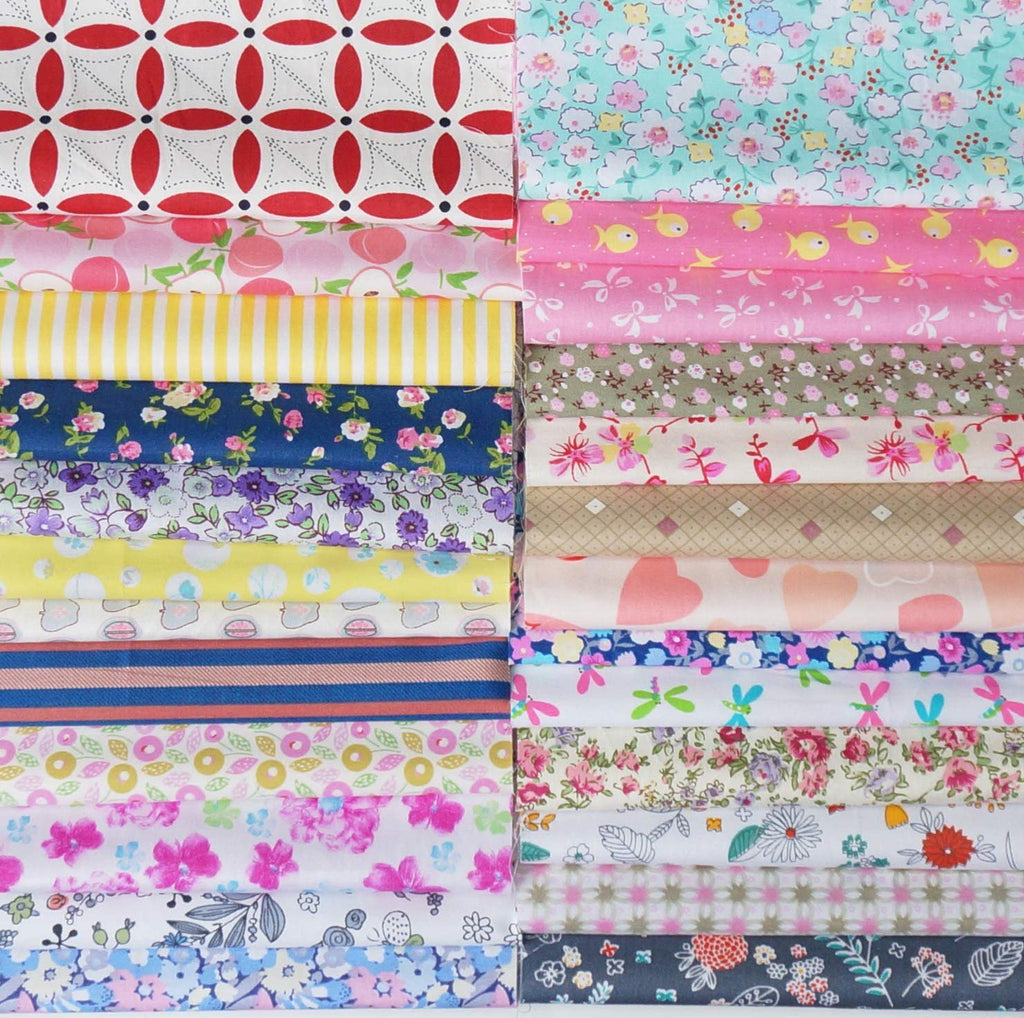 Assorted pre-cut cotton fabric squares with various patterns, stacked in two columns.