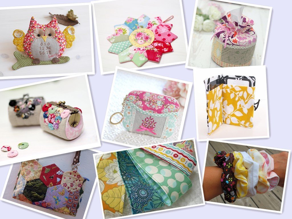 Collage of handmade fabric crafts including an owl, coin purses, tissue holder, card holder, and scrunchies.