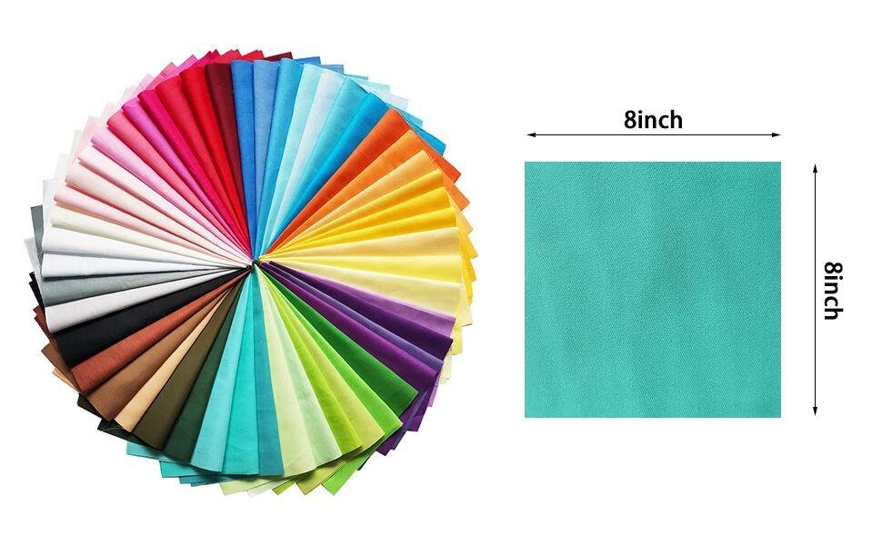 Fan of colorful fabric squares and a single teal square with dimensions labeled 8 inches by 8 inches.