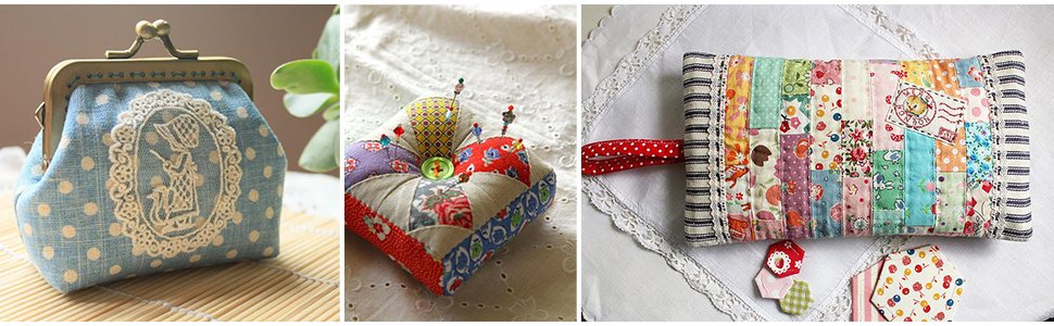 Collage of three handmade quilted items: a blue polka dot coin purse with lace trim, a heart-shaped pincushion with colorful fabric patches and pins, and a zippered pouch made of patchwork fabric strips.