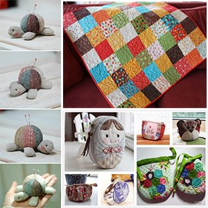 Collage of quilting fabric crafts including turtle pincushions, a patchwork quilt, coin purses, and bags.
