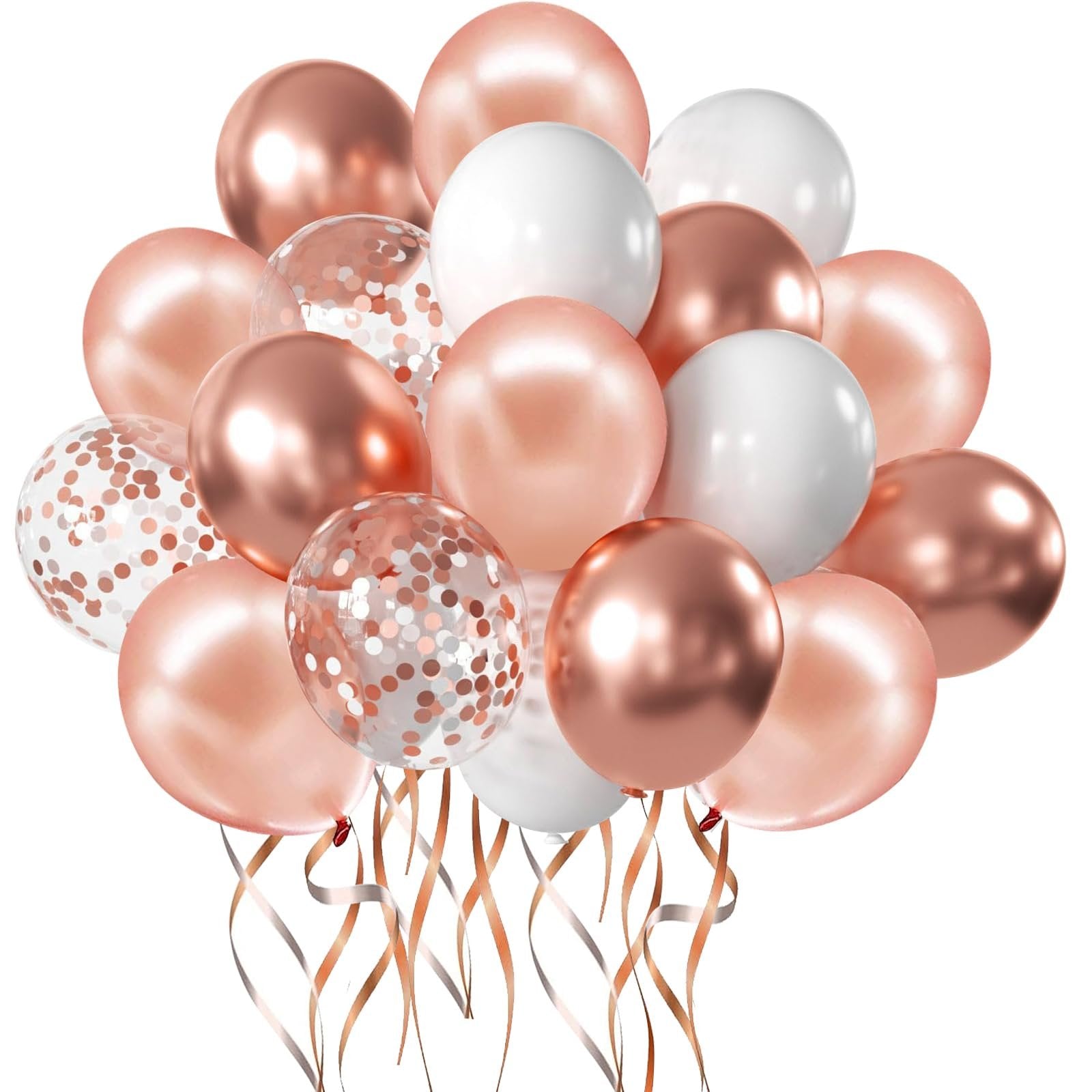 A bouquet of rose gold, white, and confetti-filled balloons with curling ribbons against a white background.