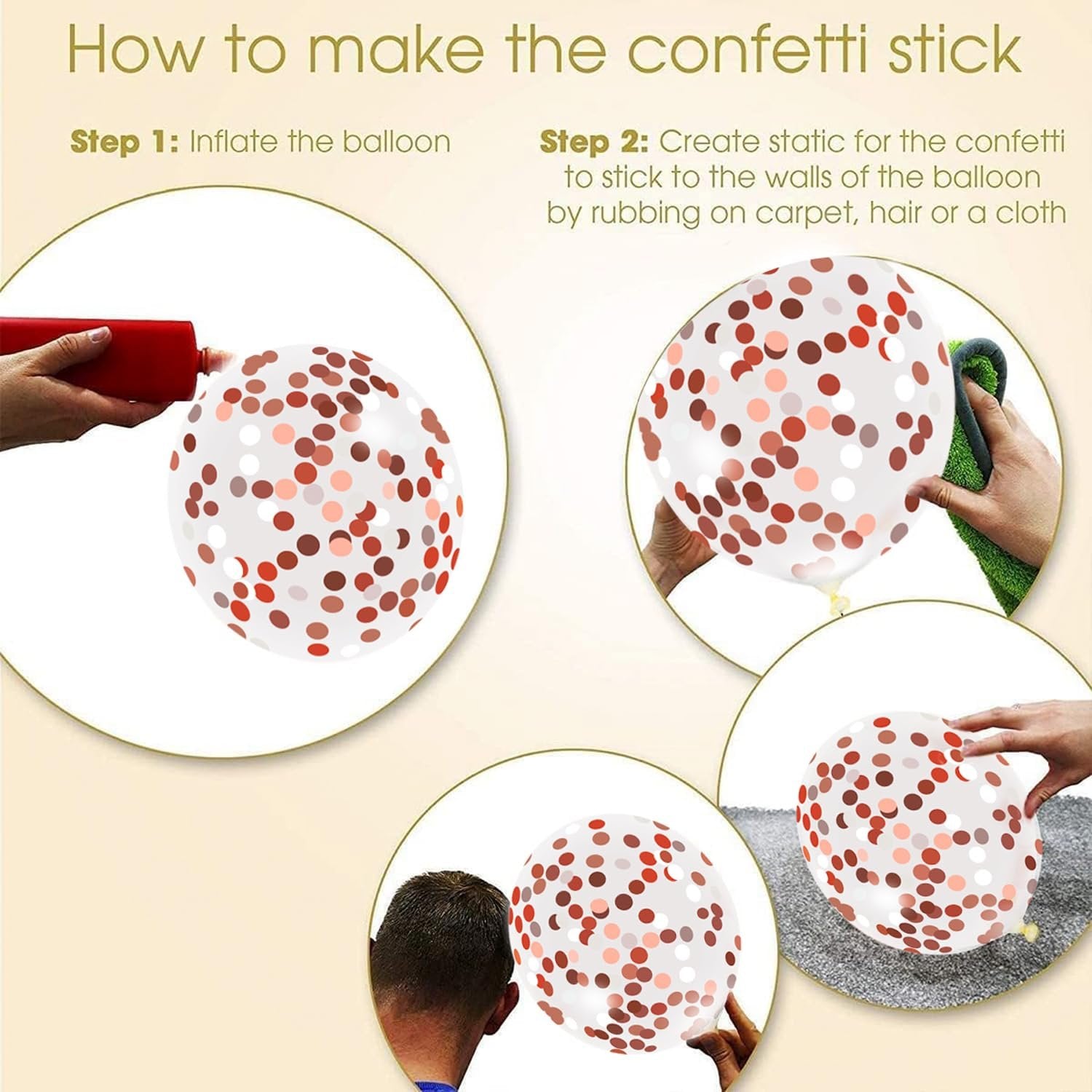 Collage showing how to make confetti stick to balloons: inflating, rubbing with cloth, and on carpet.