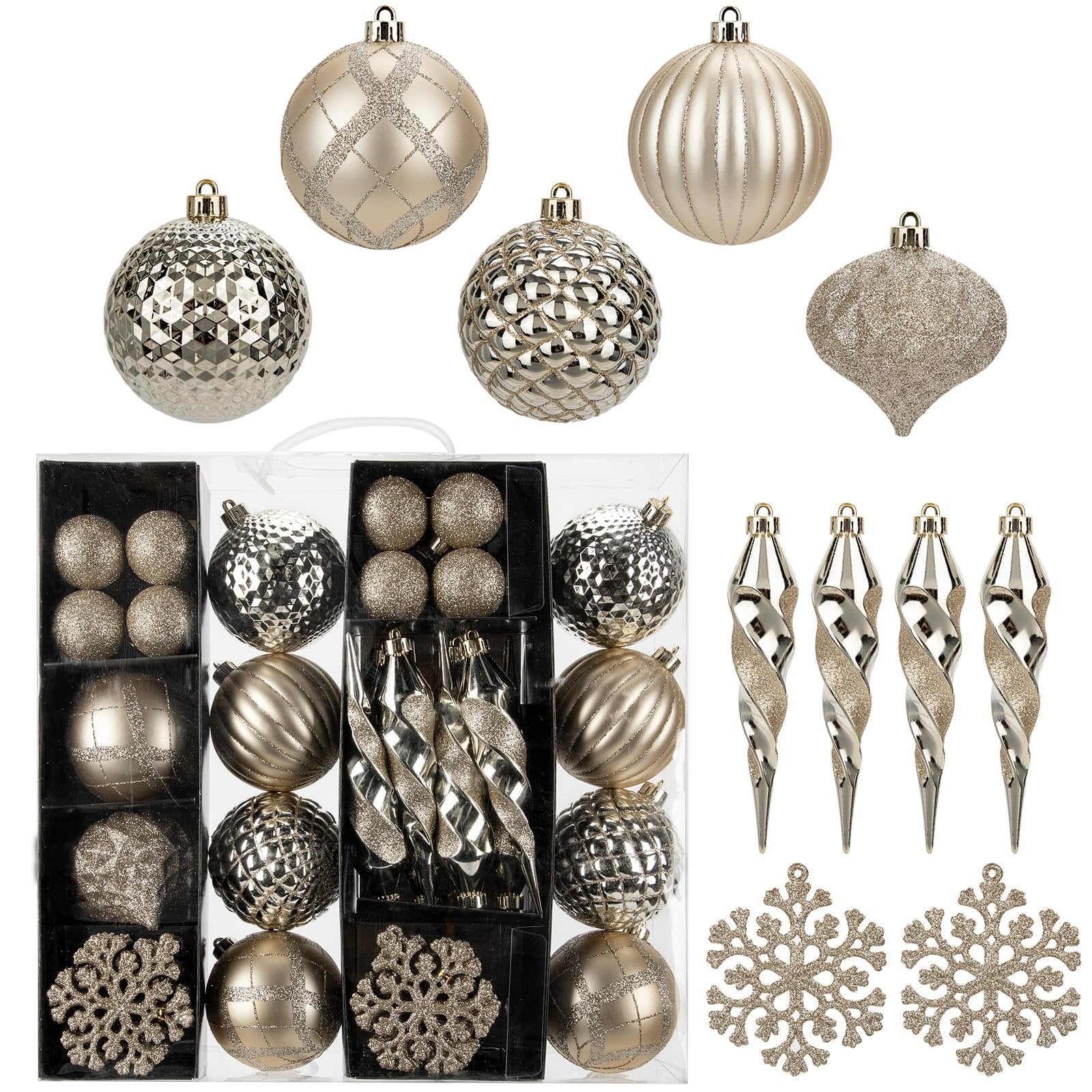 Champagne colored Christmas ornaments including balls, icicles, and snowflakes in a clear display box.