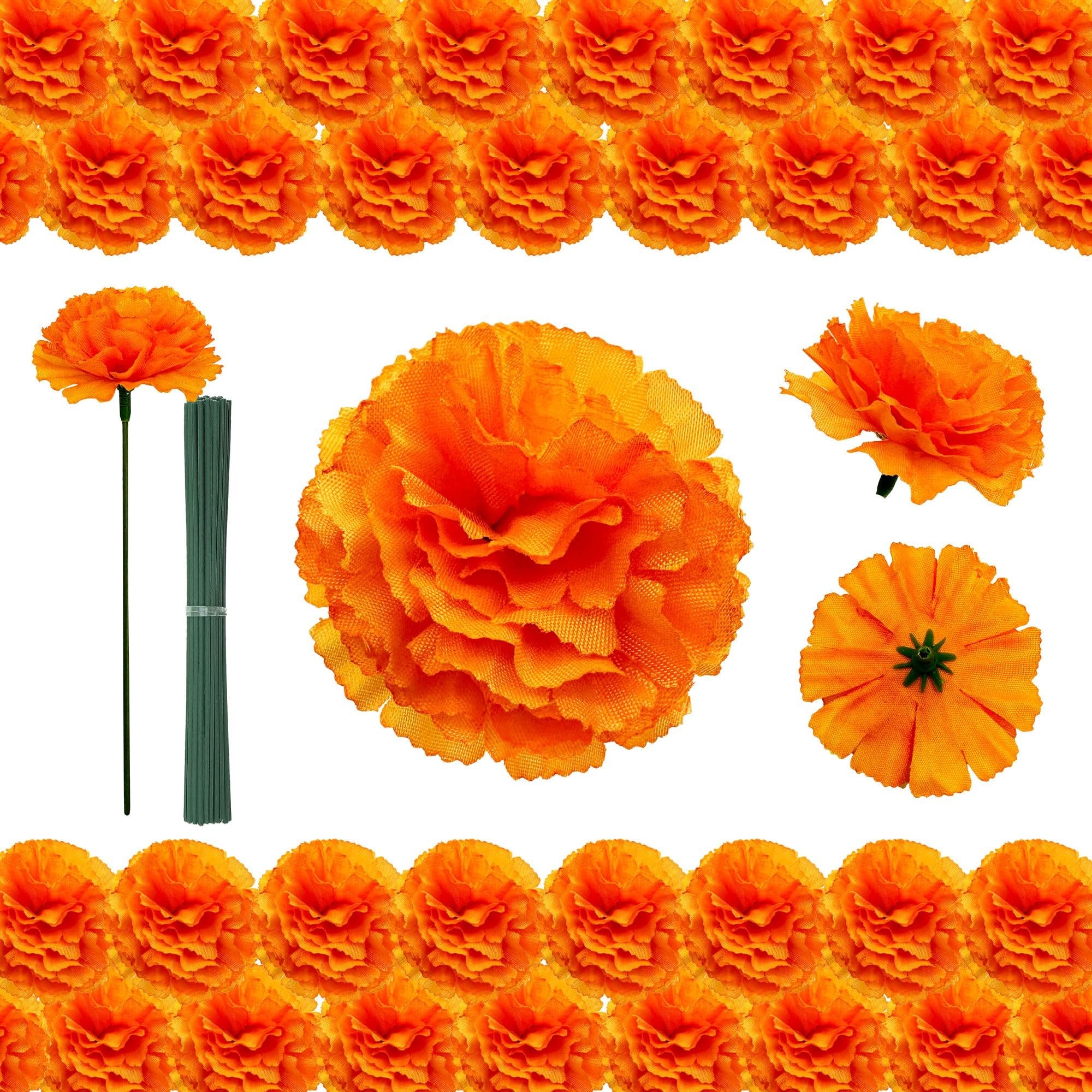 50 orange marigold flower heads and green stems for decor