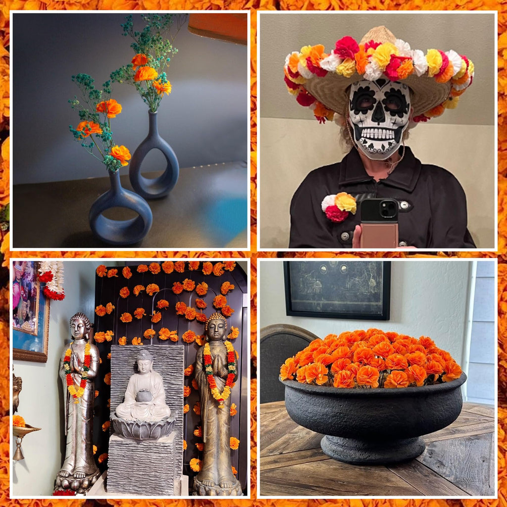 Collage of four images showing orange marigold flowers used in various decorations, including vases, a sombrero, and a large bowl.