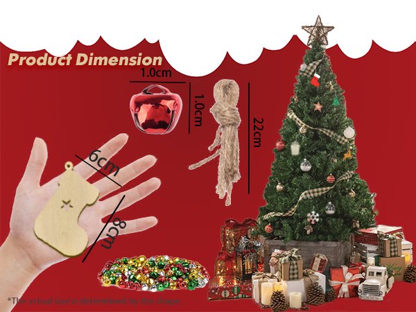 Unfinished wooden Christmas ornament shapes, red bells, twine, and a decorated Christmas tree with gifts
