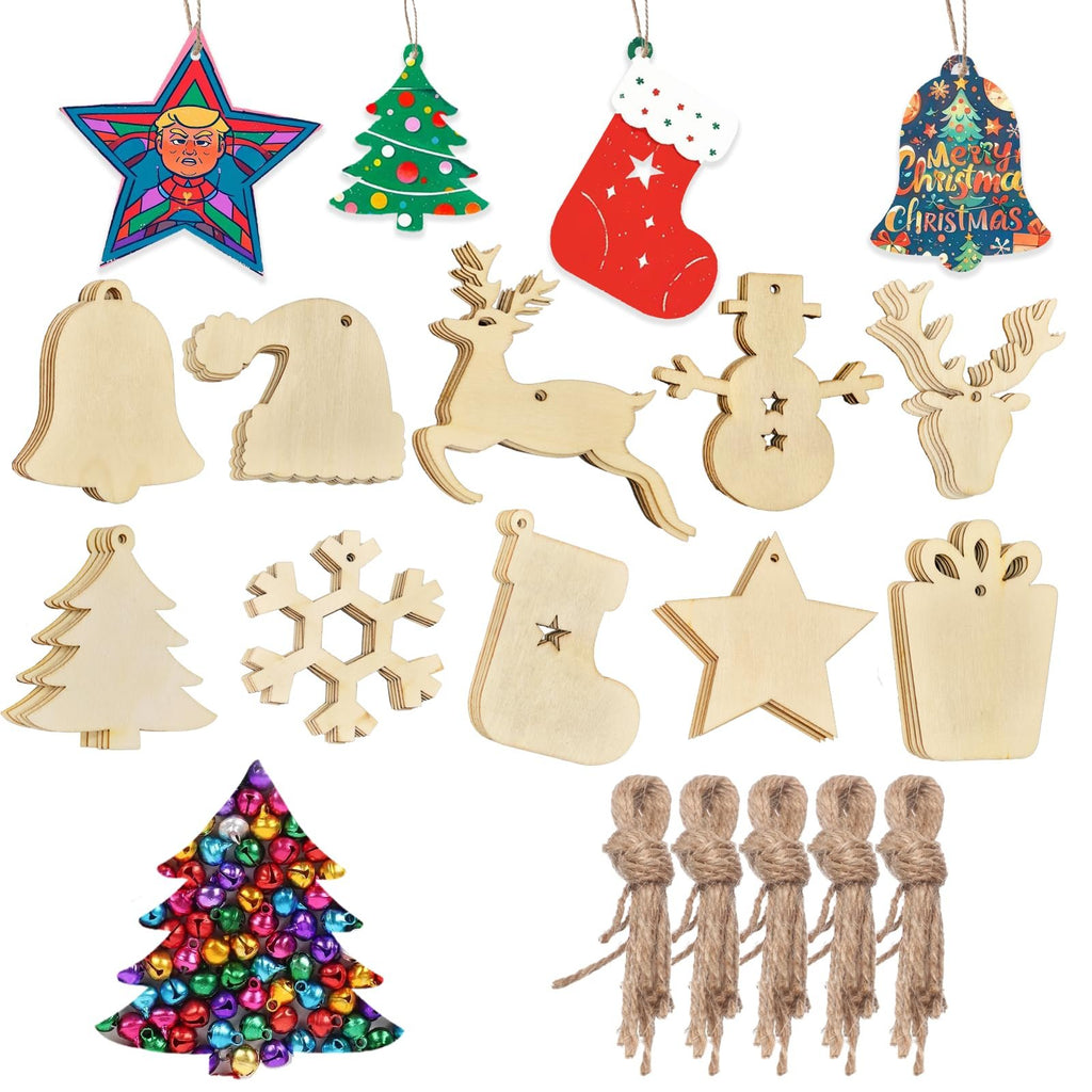 Assortment of unfinished wooden Christmas ornaments including bells, Santa hats, reindeer, snowmen, trees, snowflakes, stockings, stars, and gift boxes, with twine and colorful bells.