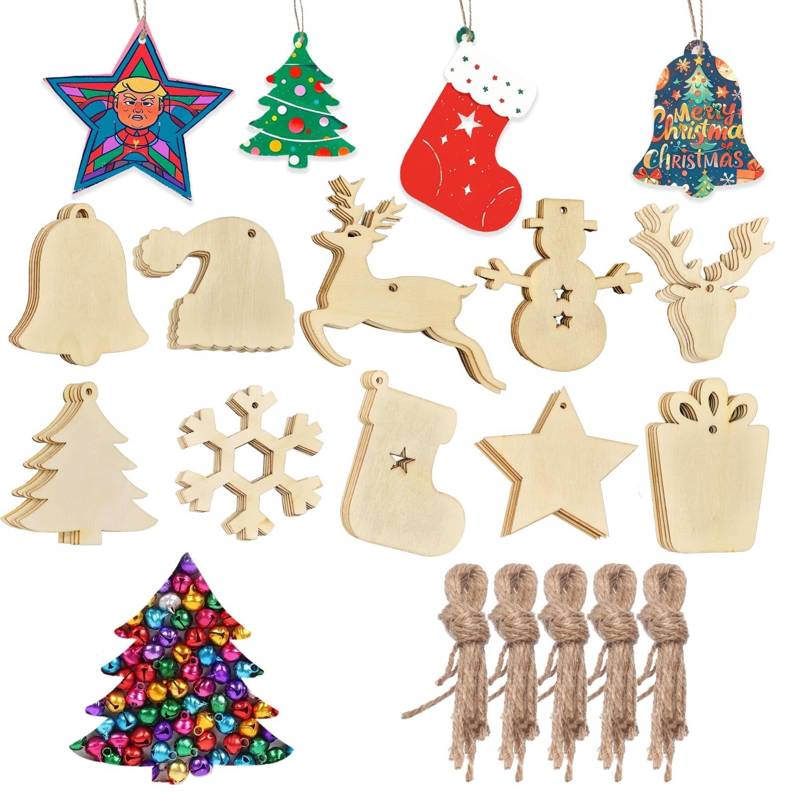 Assortment of unfinished wooden Christmas ornaments including bells, Santa hats, reindeer, snowmen, trees, snowflakes, stockings, stars, and gift boxes, with twine and colorful bells.