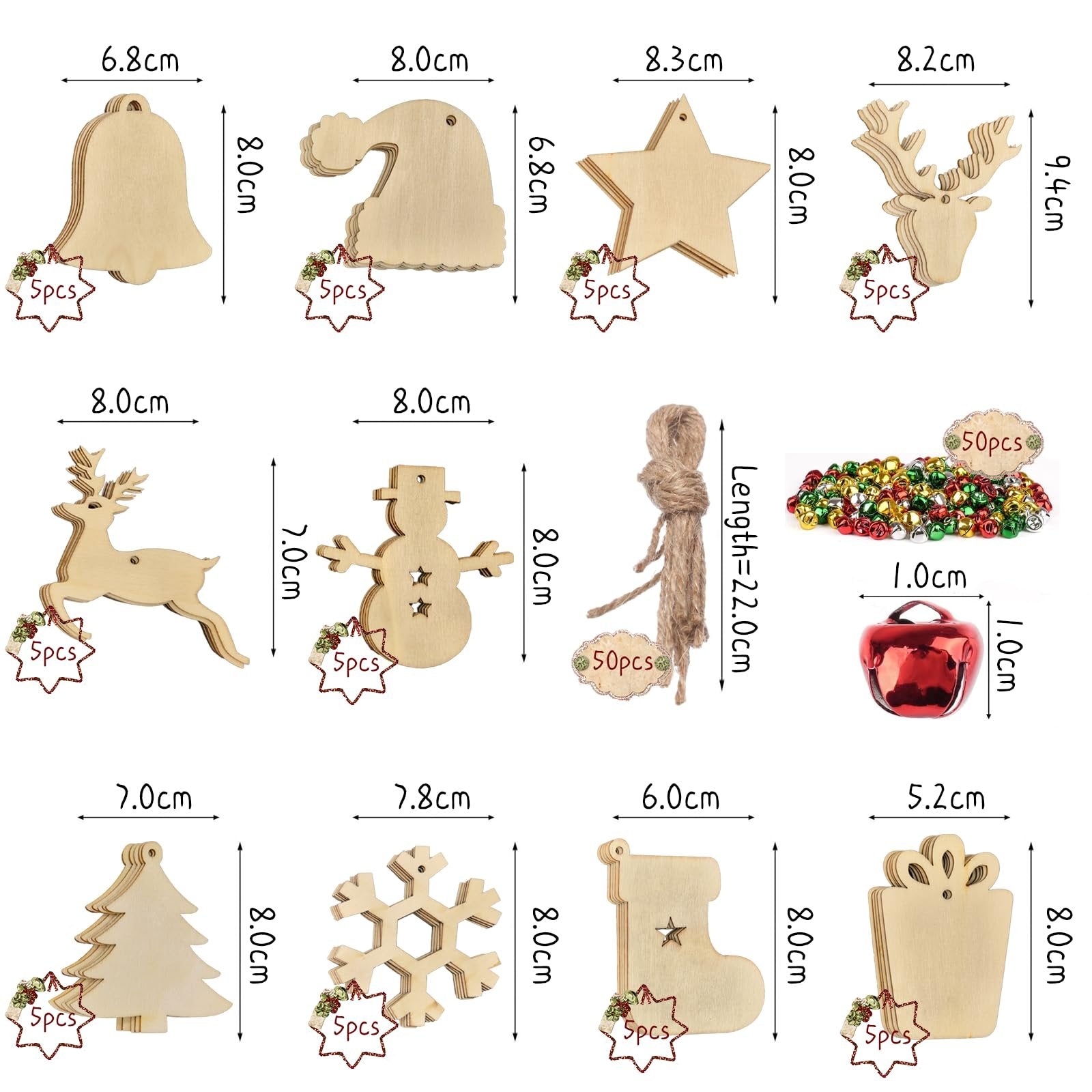 Set of 10 unfinished wooden Christmas ornament shapes with twine and bells, showing dimensions