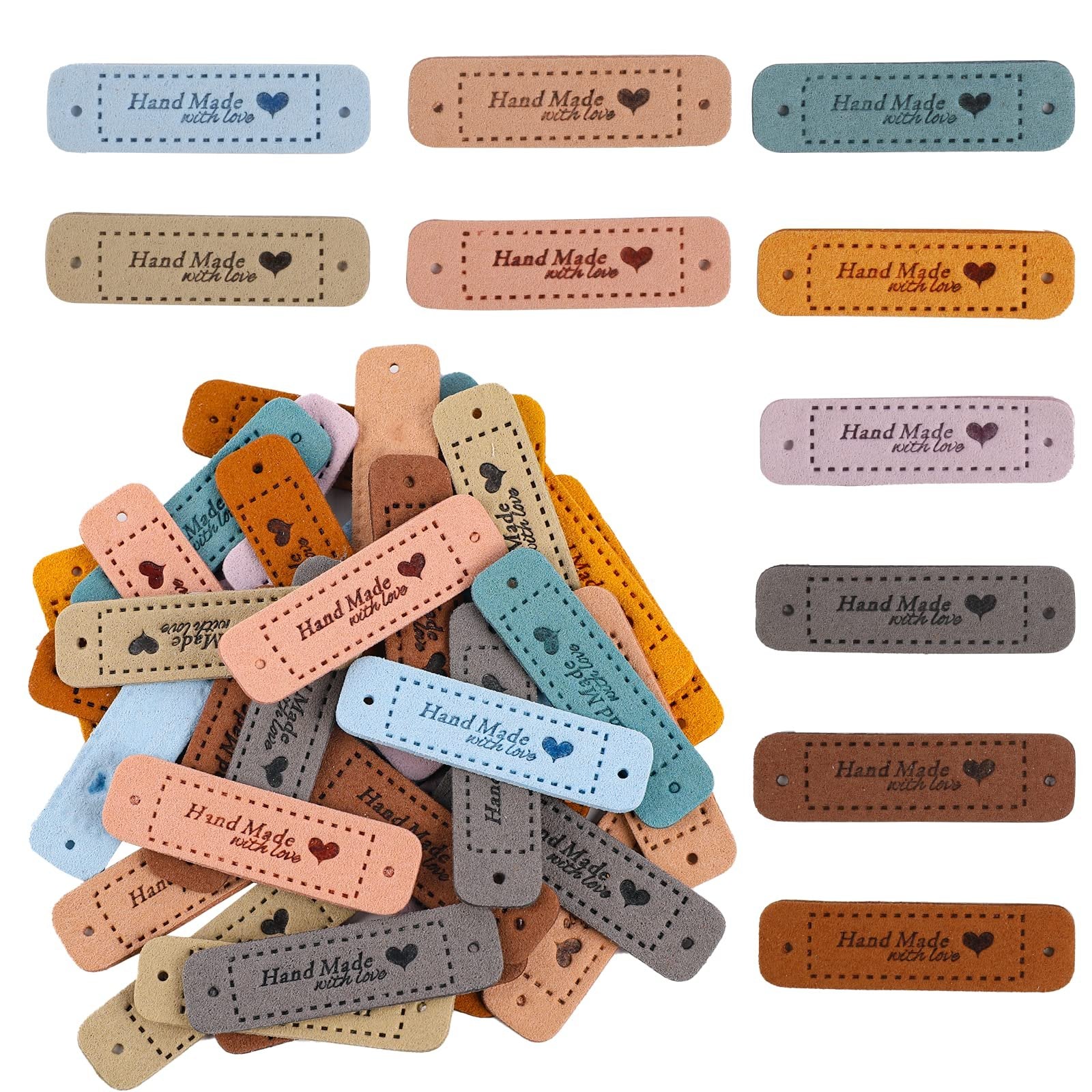 Pile of 50 faux leather handmade tags in 10 assorted colors, each with a 'Hand Made with love' imprint and a heart.