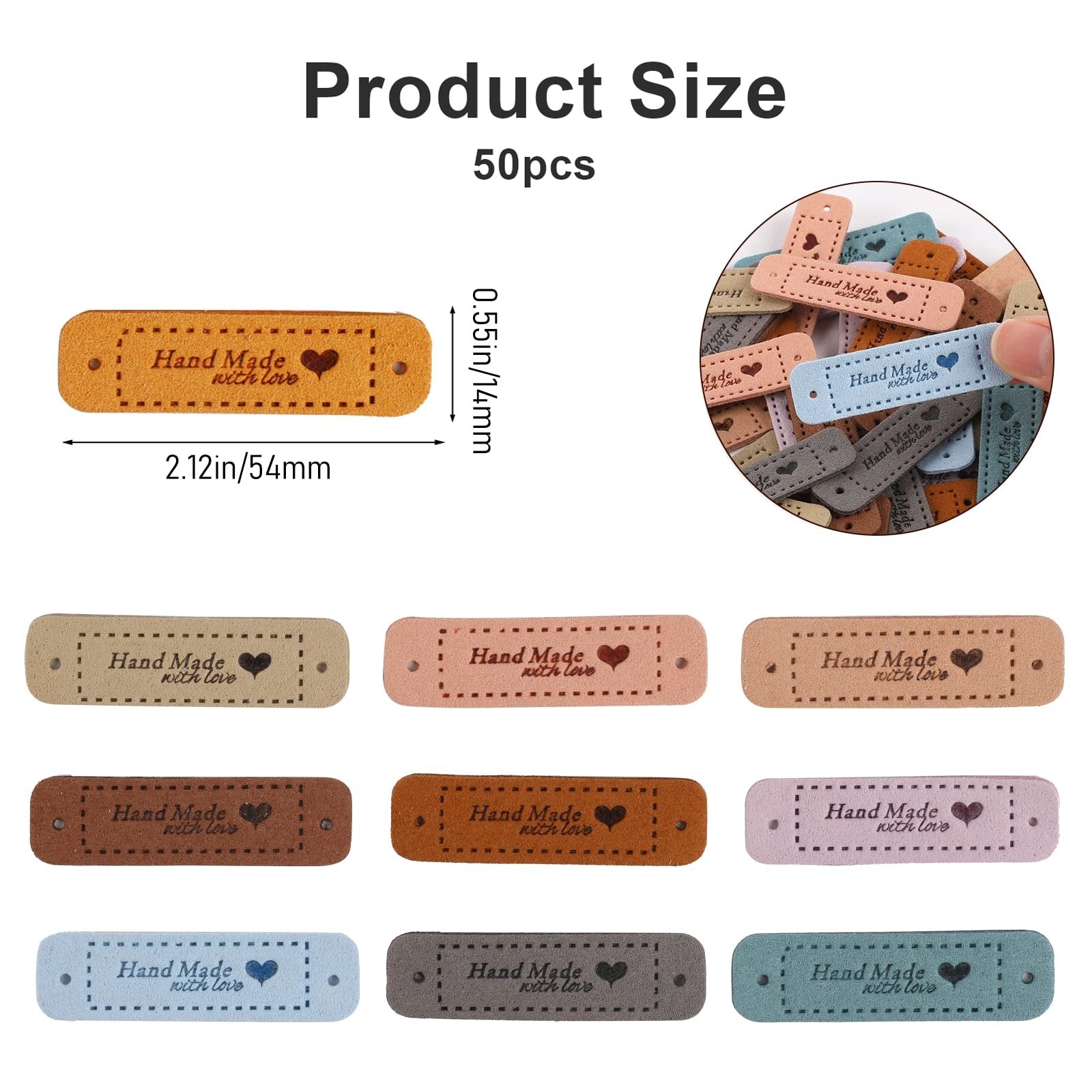 Assortment of 10 colors of faux leather handmade tags with 'Hand Made with love' text and a heart icon.