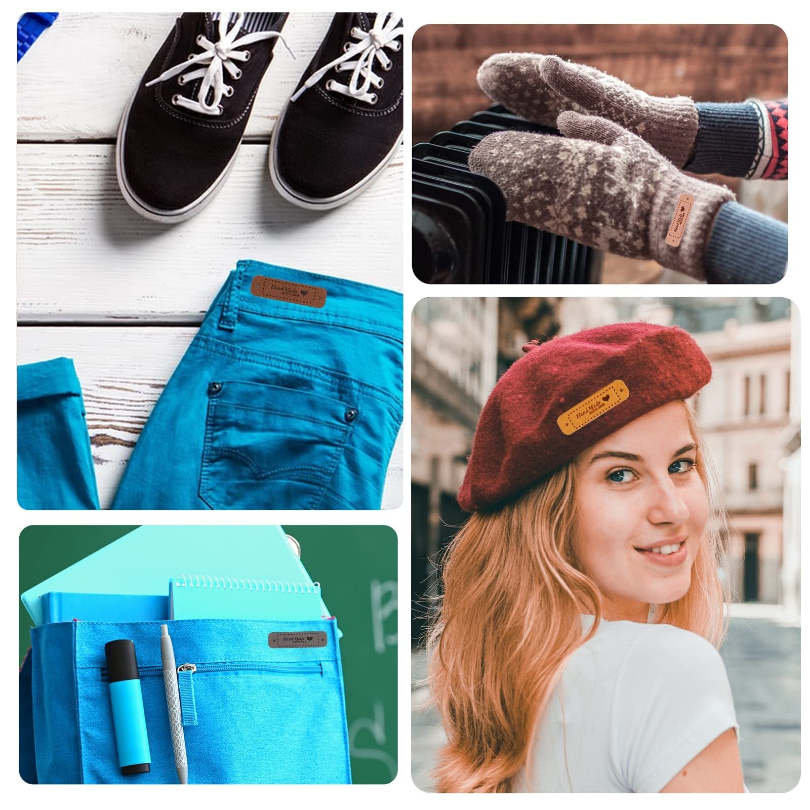 Collage of lifestyle images showing faux leather handmade tags on jeans, mittens, a beret, and a backpack.