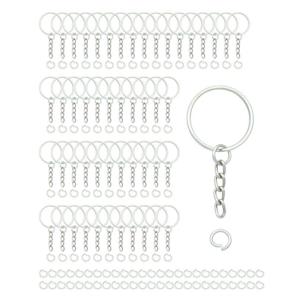 Silver split round keychain rings with chains and jump rings arranged in rows on a white background.
