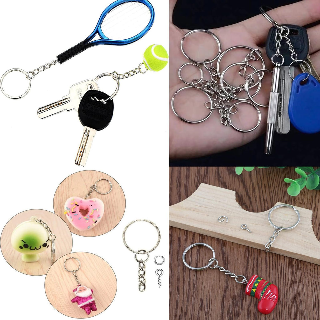 Collage of keychain rings and charms including a tennis racket, keys, a donut, a cartoon character, a Santa, and a Christmas stocking.