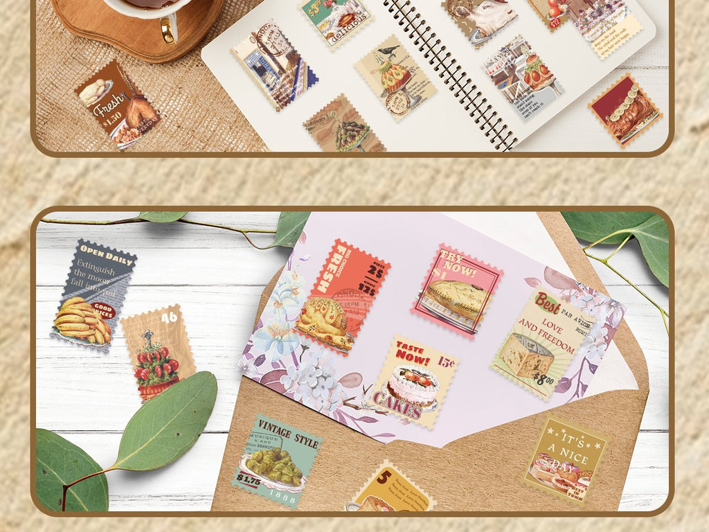 Collection of vintage food postage stamp stickers on a notebook and envelope, featuring cakes, roast chicken, and fruit designs.