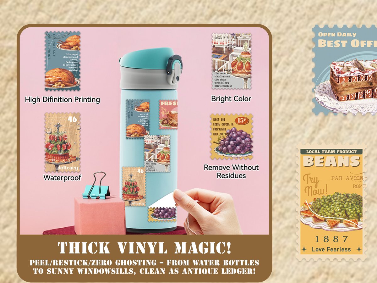 Collage of vintage food postage stamp vinyl stickers applied to a water bottle and displayed separately.