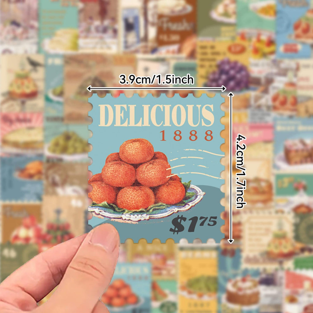 Hand holding a vintage food postage stamp sticker featuring a plate of oranges, text 'DELICIOUS 1888' and '$1.75'.