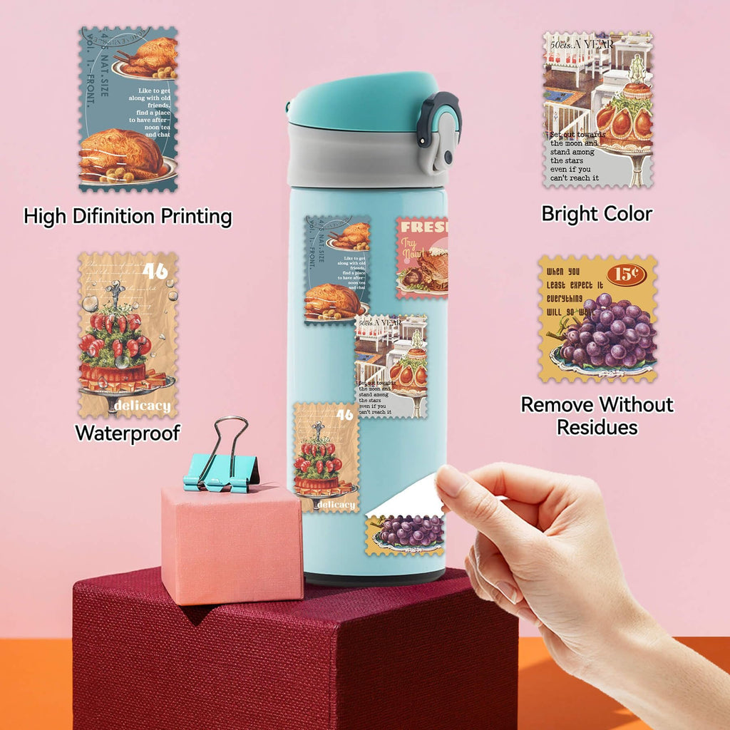 Vintage food postage stamp vinyl stickers applied to a water bottle, showing roast chicken, cake, and grapes.