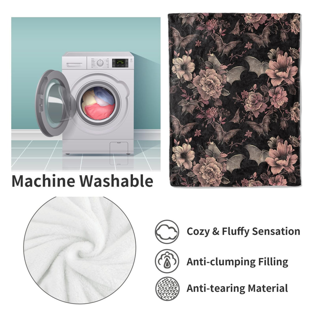 Gothic bat and floral pattern throw blanket shown with a washing machine and fabric detail.