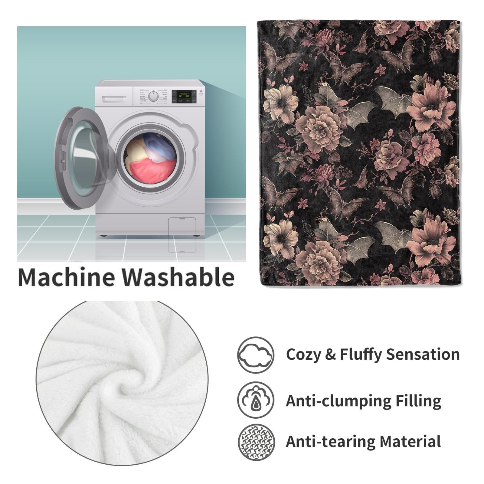 Gothic bat and floral pattern throw blanket shown with a washing machine and fabric detail.