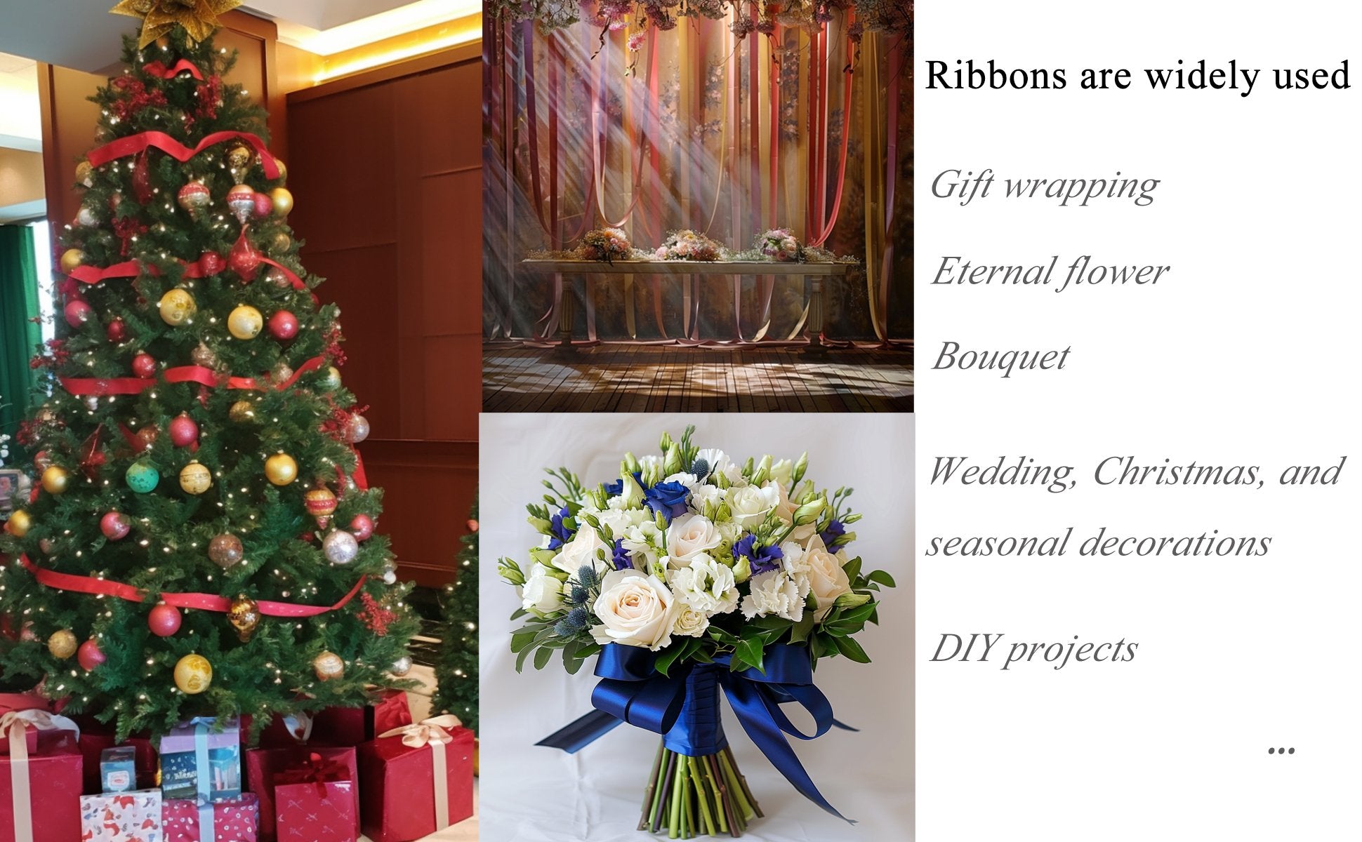 Collage of images showing ribbons used for Christmas tree decoration, wedding backdrop, and bouquet.
