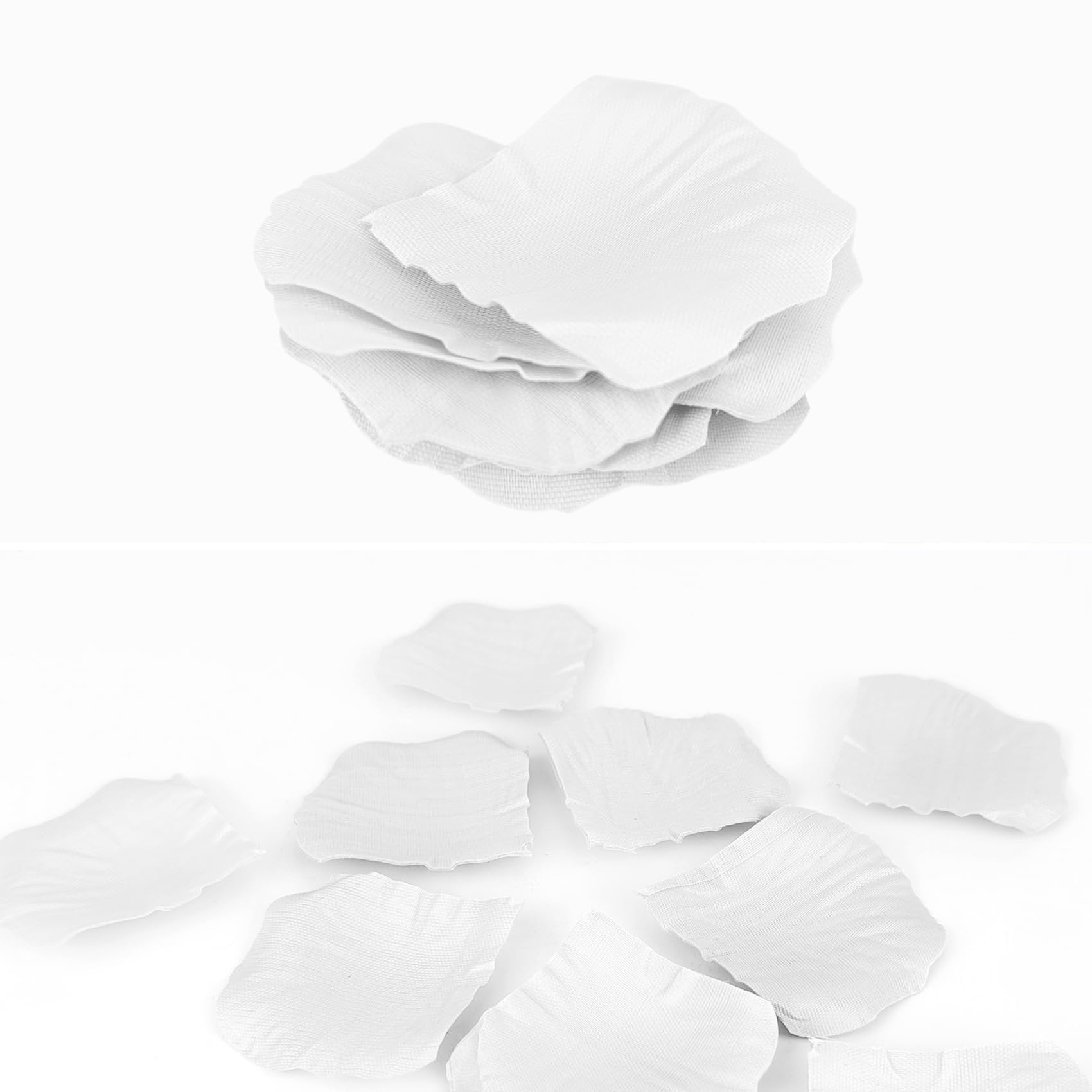 Stack of white artificial rose petals and scattered petals on a white background