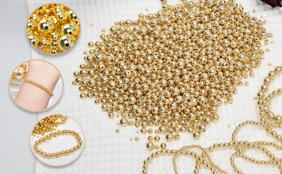 Pile of assorted gold-filled brass round spacer beads with inset images showing close-up of beads and a bracelet on a wrist