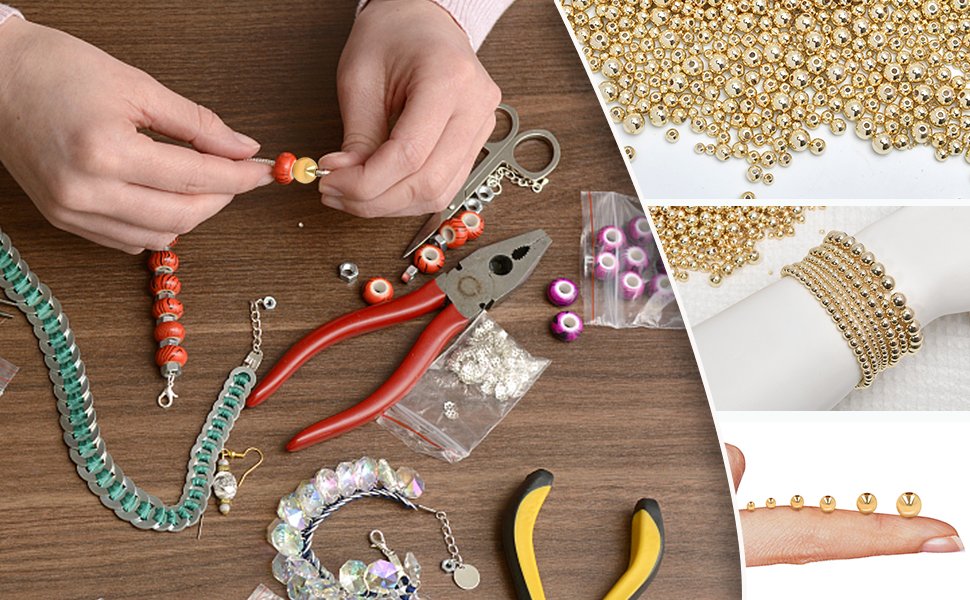 Hands crafting jewelry with gold spacer beads, pliers, scissors, and finished bracelets on a wooden table.