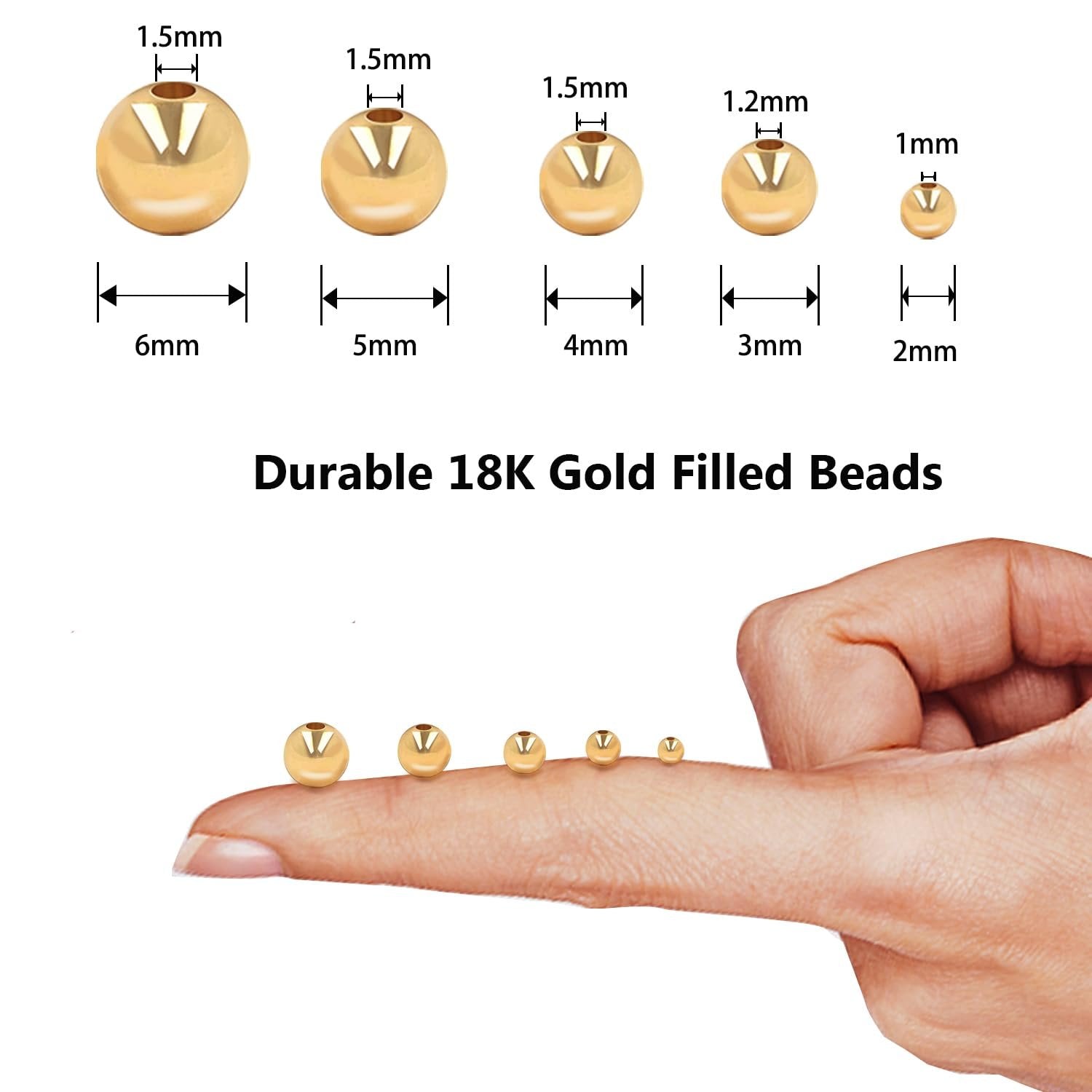 Various sizes of gold-filled round spacer beads shown on a fingertip and with dimension callouts.