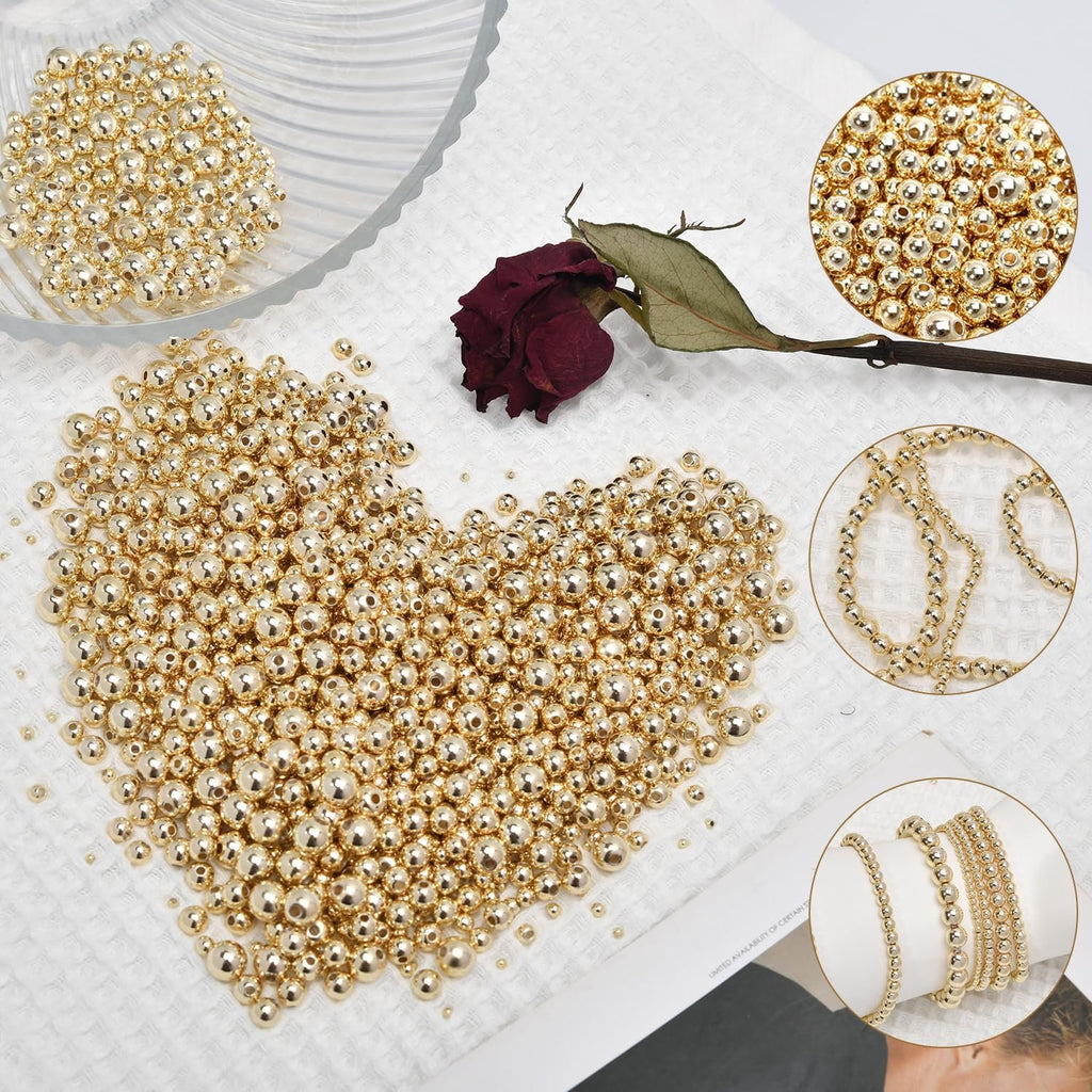 Gold-filled brass round spacer beads arranged in a heart shape with inset images showing close-ups and bracelets.