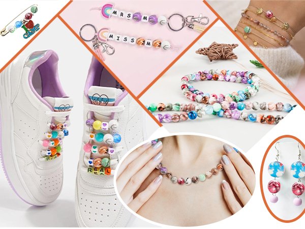 Collage of various jewelry and craft projects made with colorful beads, including sneakers with beaded laces, bracelets, necklaces, earrings, and keychains.