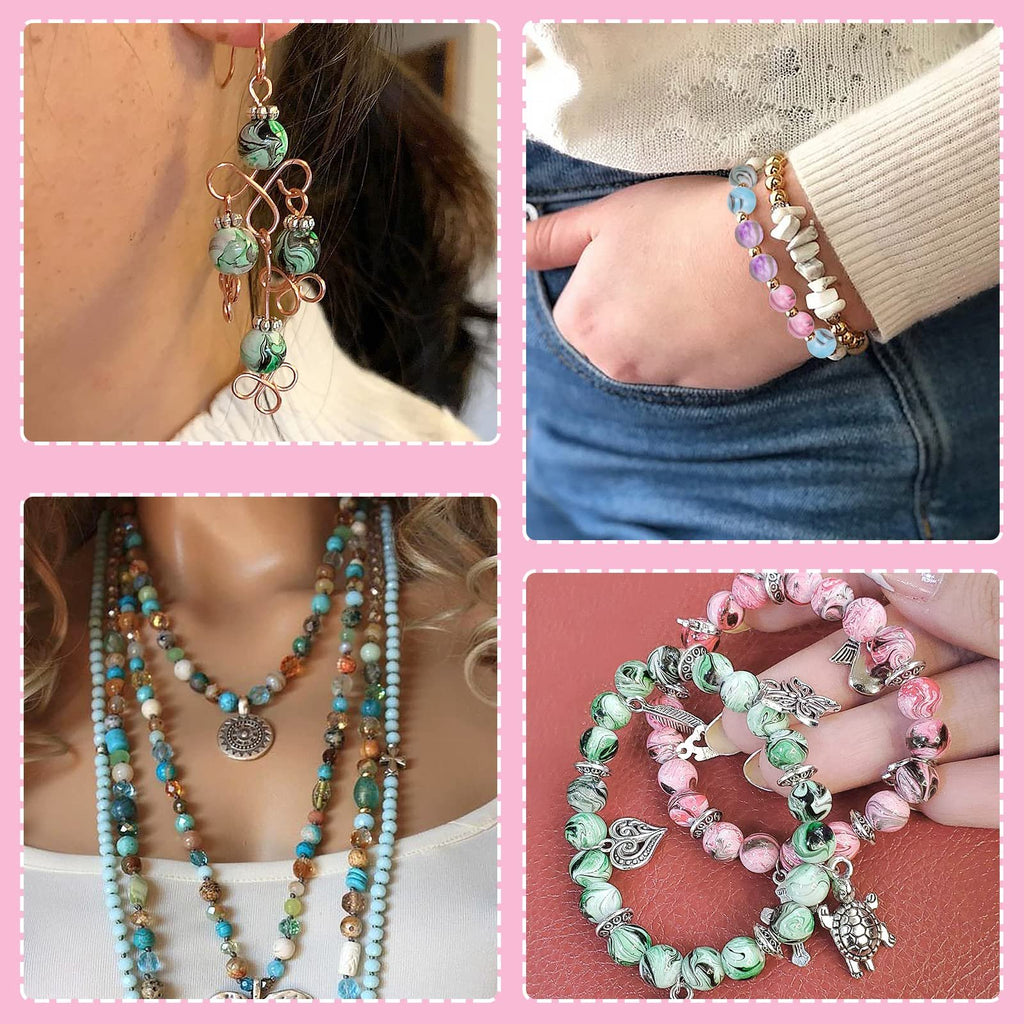 Collage of four lifestyle images showing handmade jewelry made with colorful beads: an earring, bracelets, and necklaces.