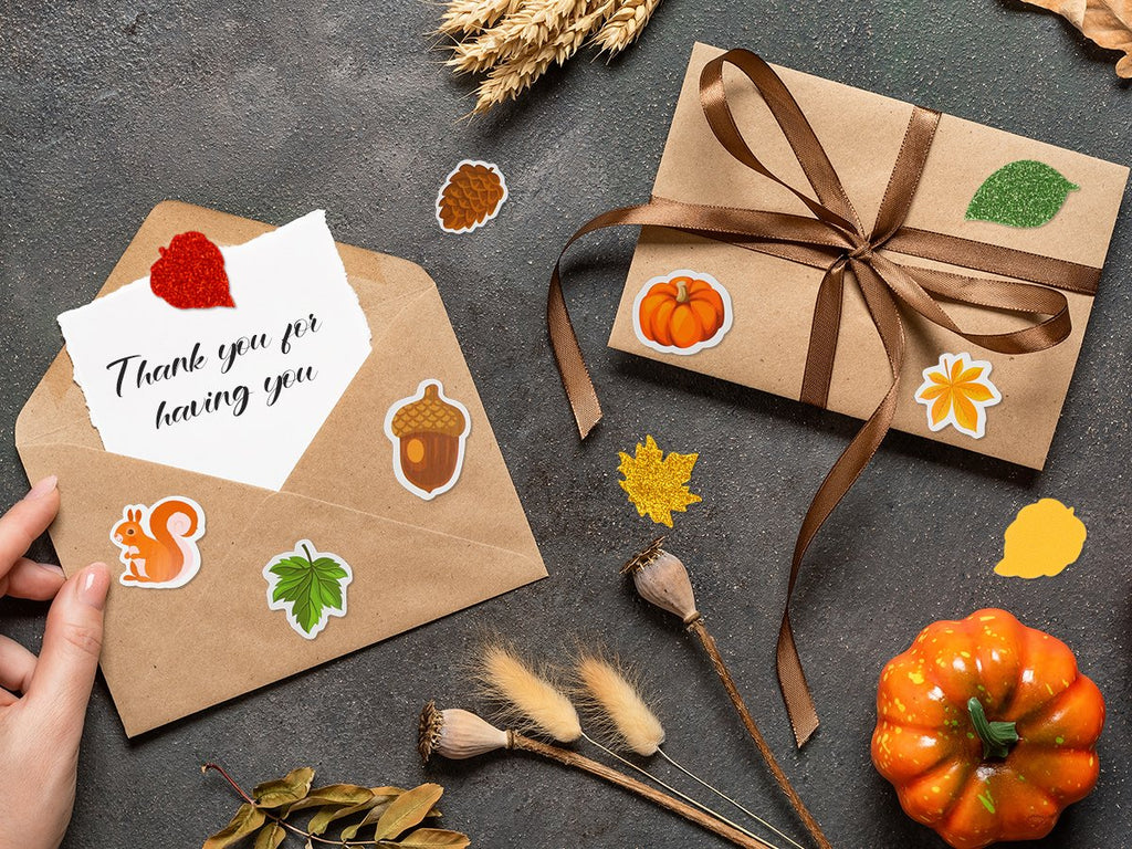 Fall leaf foam stickers on envelopes and gift box, with text card saying 'Thank you for having you'.