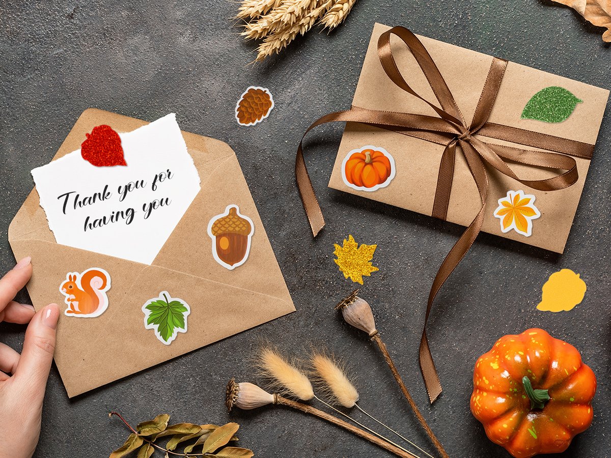 Fall leaf foam stickers on envelopes and gift box, with text card saying 'Thank you for having you'.
