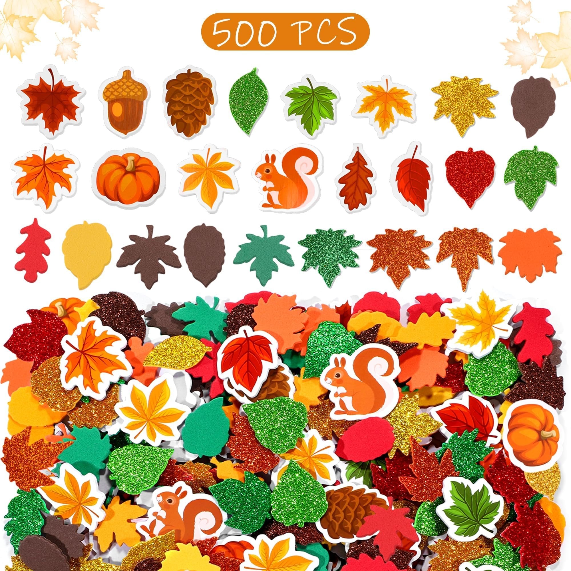 Assortment of 500 fall-themed foam stickers including leaves, acorns, pumpkins, and squirrels, some with glitter.