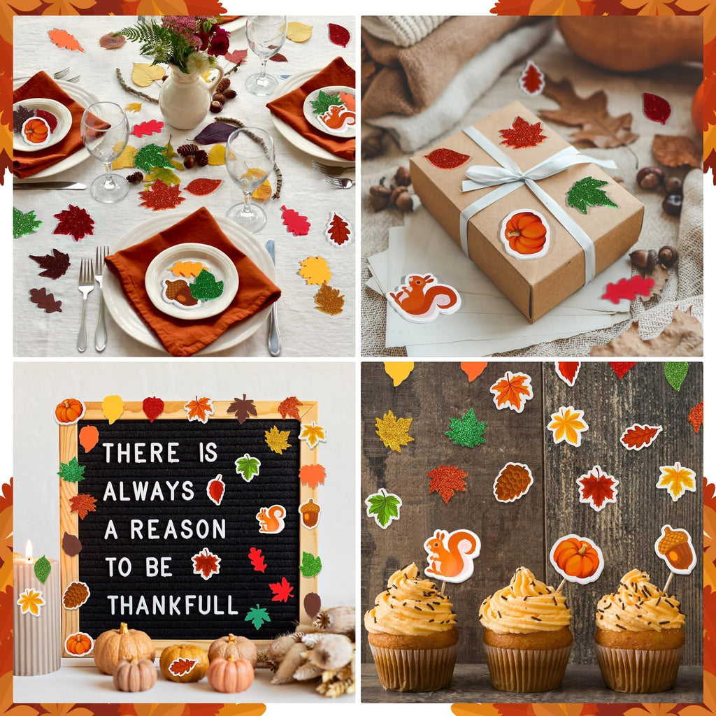 Collage of fall-themed foam stickers used for crafts and decor, showing table settings, gift wrapping, a felt board, and cupcakes.