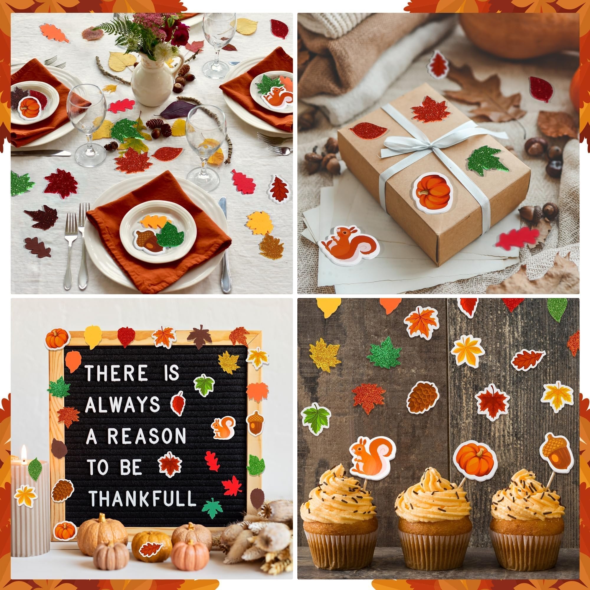 Collage of fall-themed foam stickers used for crafts and decor, showing table settings, gift wrapping, a felt board, and cupcakes.