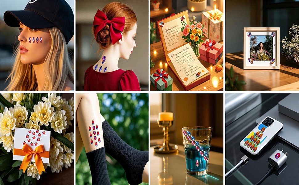 Collage of lifestyle images showing colorful flatback rhinestones applied to skin, a framed photo, a card, and a phone case.
