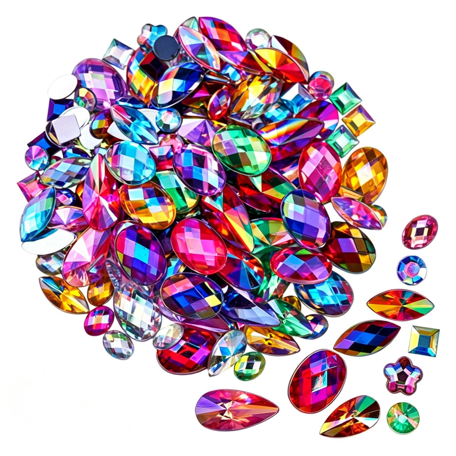 Pile of mixed AB colorful flatback rhinestones in various shapes and sizes on a white background.
