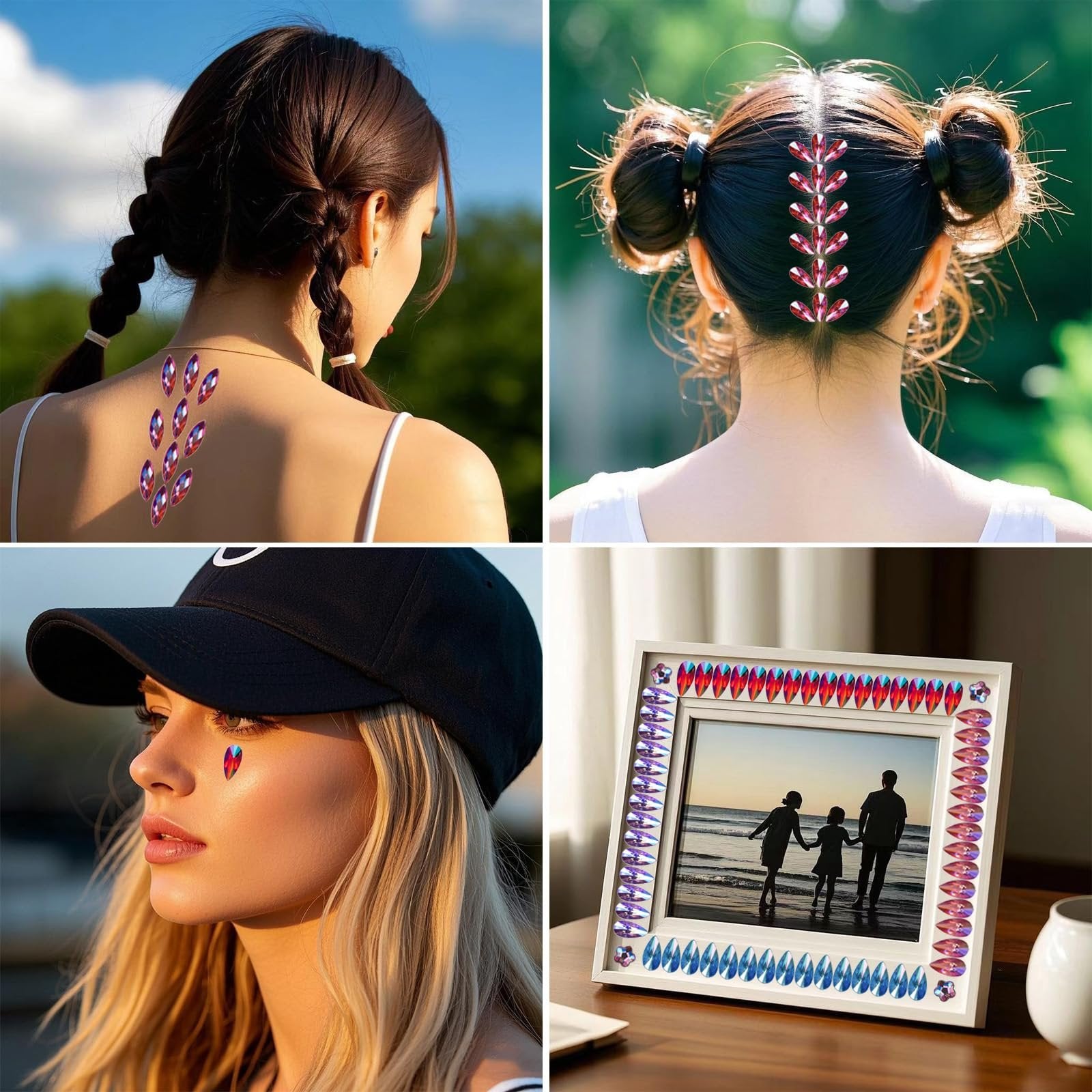 Collage of four images showing colorful flatback rhinestones used for decoration on skin, hair, and a picture frame.
