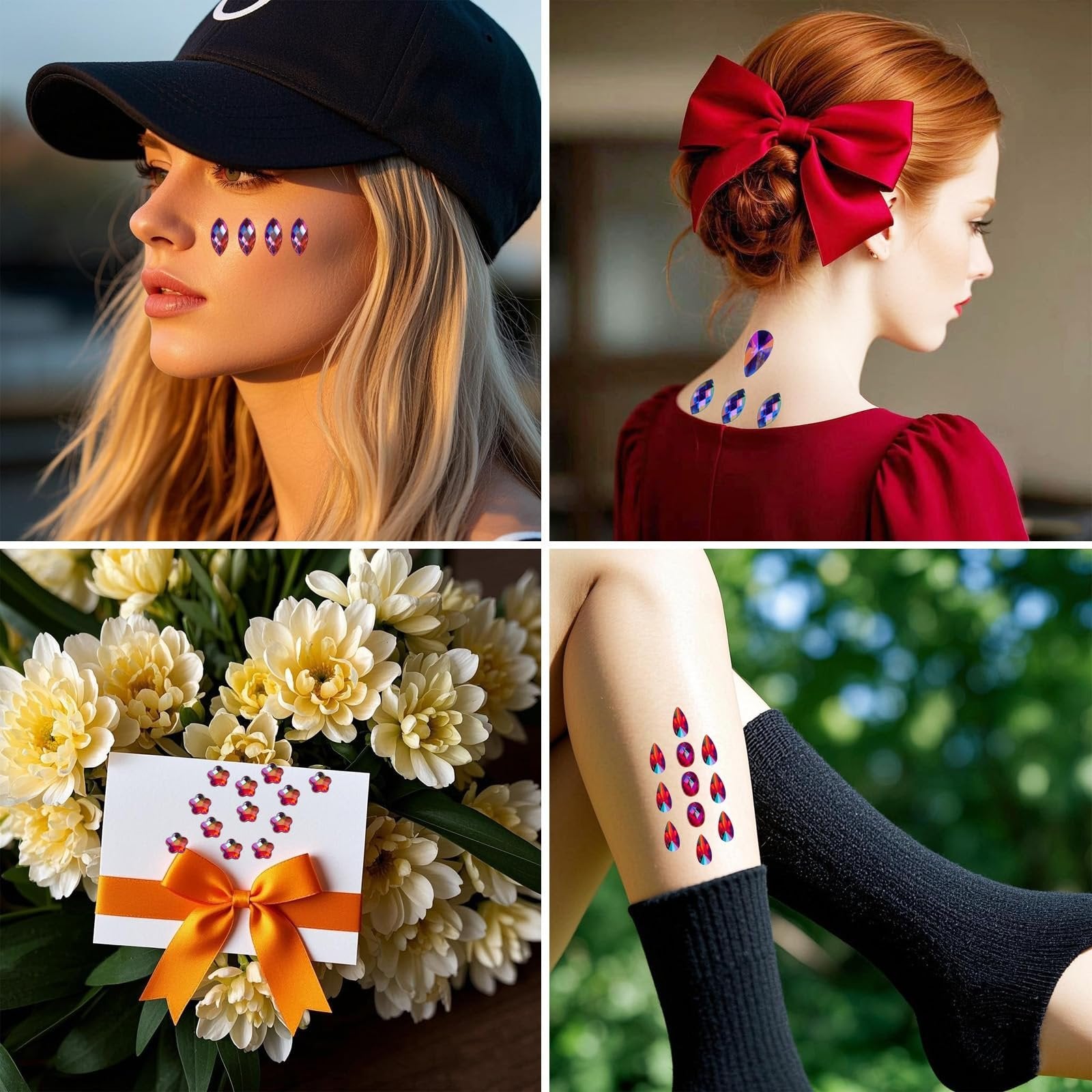 Collage of lifestyle images showing colorful flatback rhinestones applied to skin and a card.