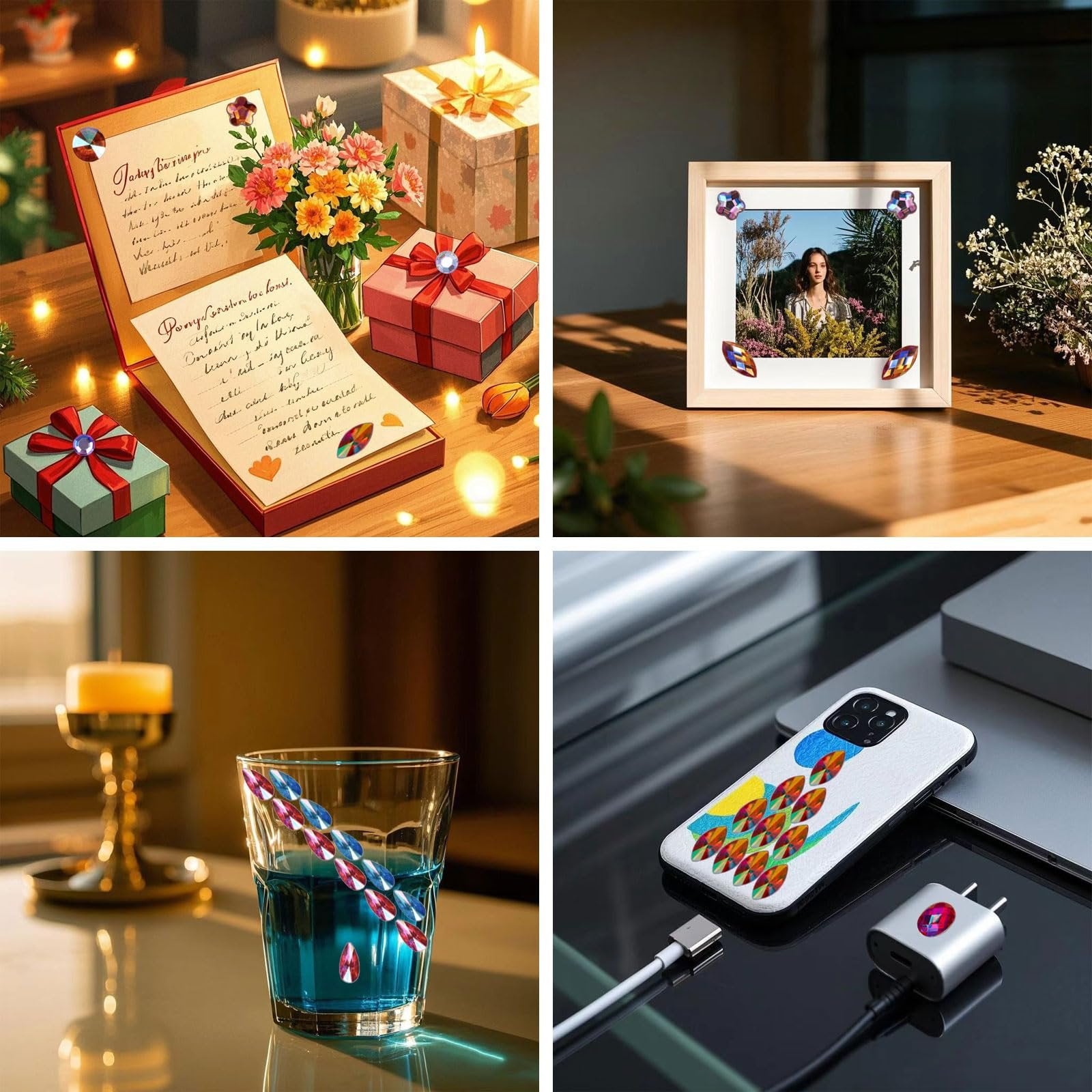 Collage of four lifestyle images showing colorful flatback rhinestones used for decoration on a card, photo frame, glass, and phone case.