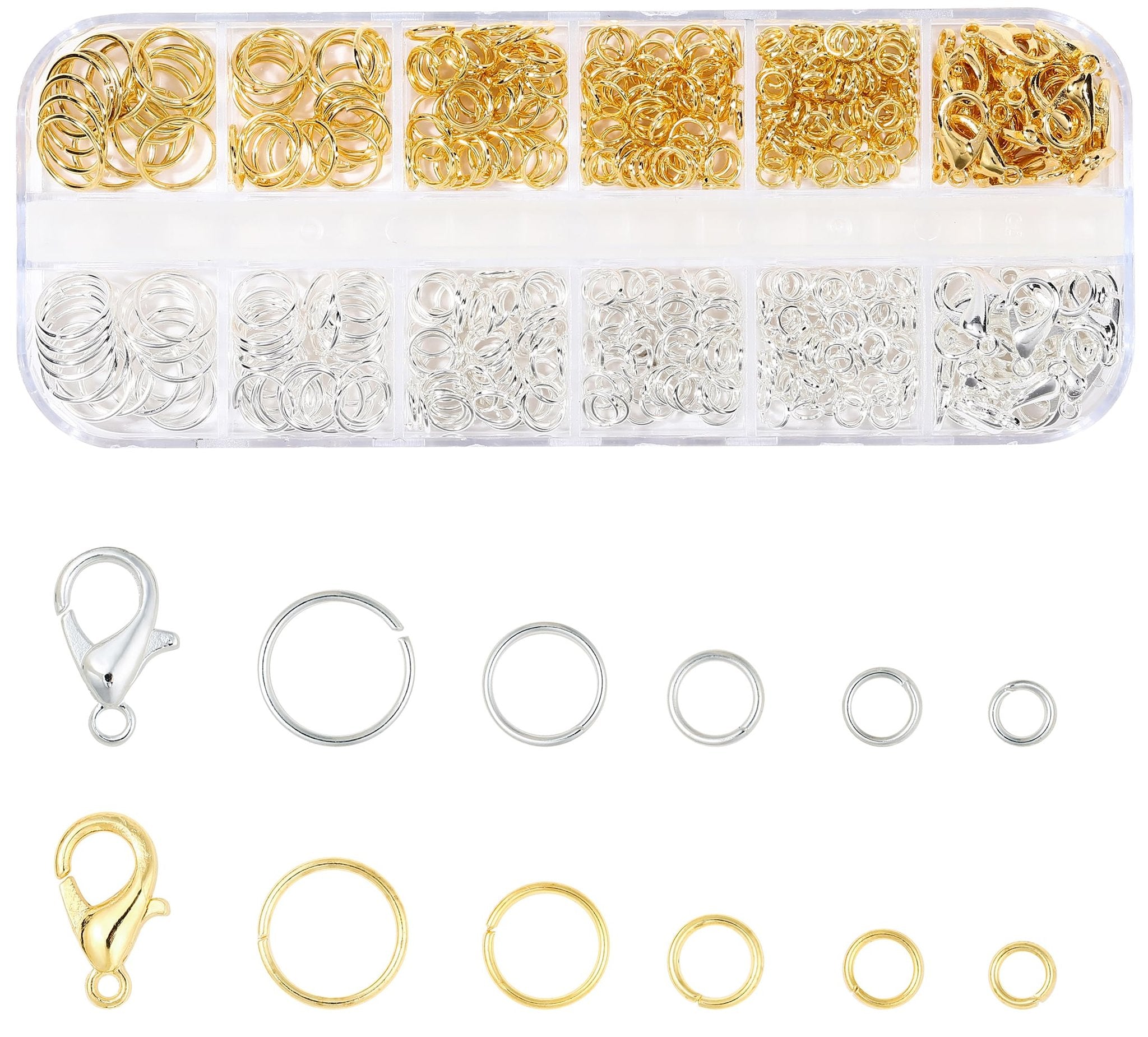 Set of gold and silver open jump rings and lobster clasps in a divided plastic organizer case, with samples laid out below.